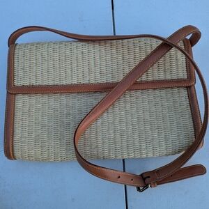 Ralph Lauren Woven Straw Crossbody Bag with Brown Leather Trim